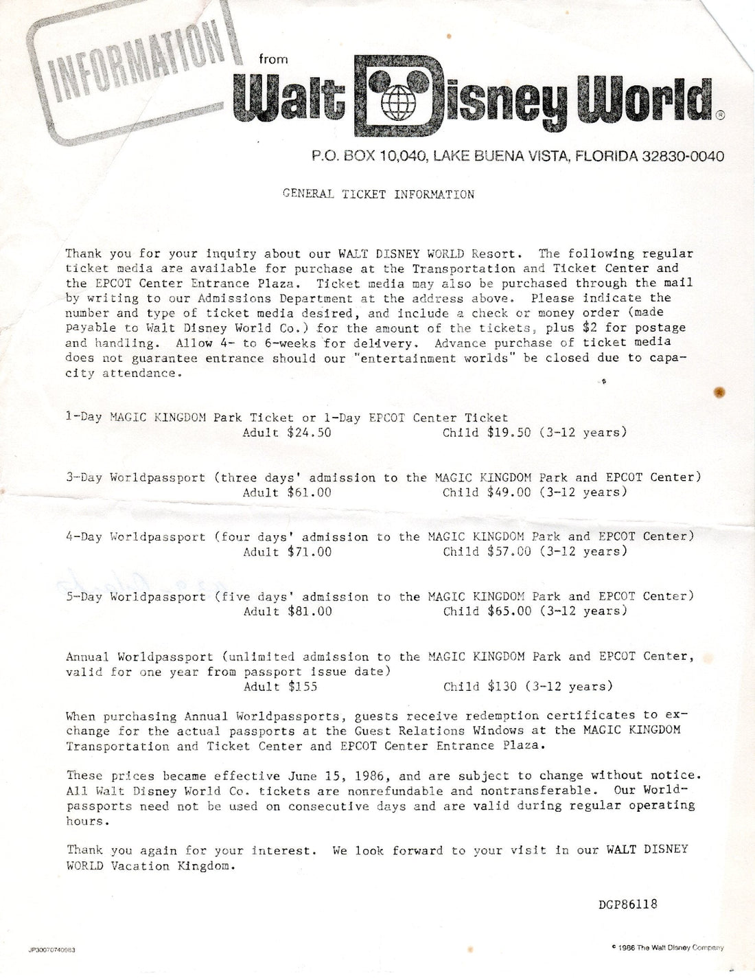 A Look Back at Walt Disney World Ticket Prices in 1986