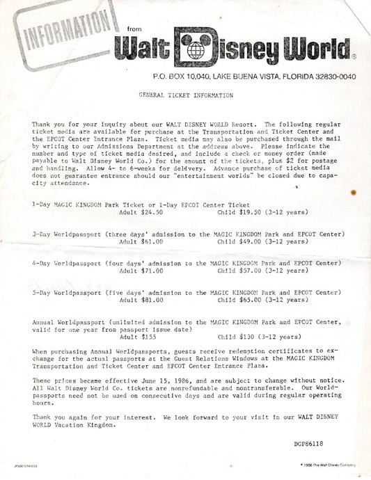 A Look Back at Walt Disney World Ticket Prices in 1986