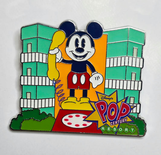Mickey Mouse holding a giant 1970s rotary telephone at Disney's Pop Century Resort