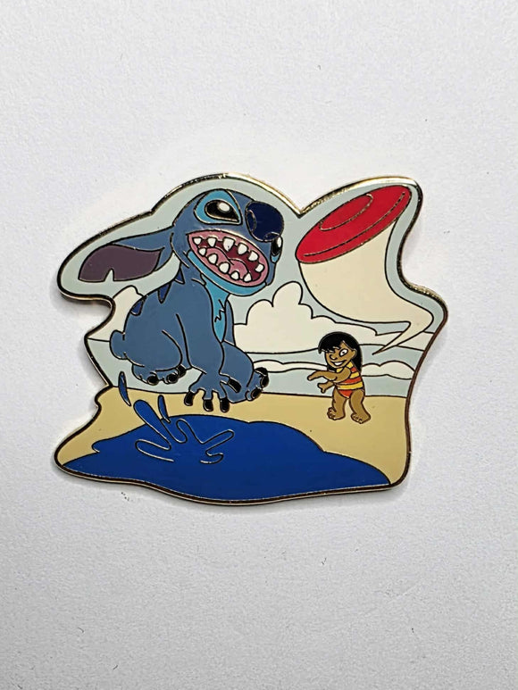 Lilo and Stitch playing frisbee at the beach.
