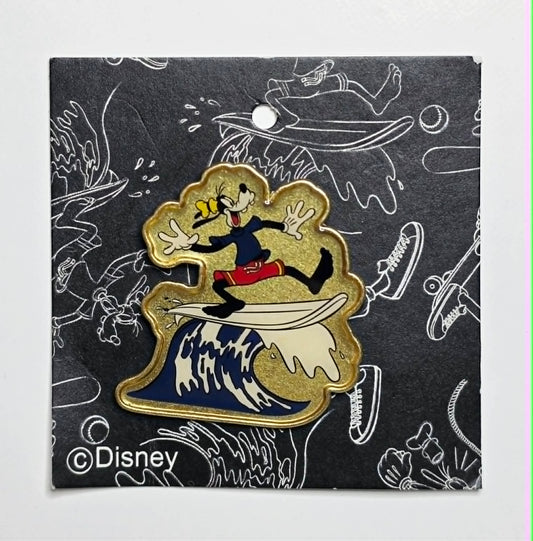 Adidas x Disney Goofy Collaboration pin badge featuring Goofy surfing.