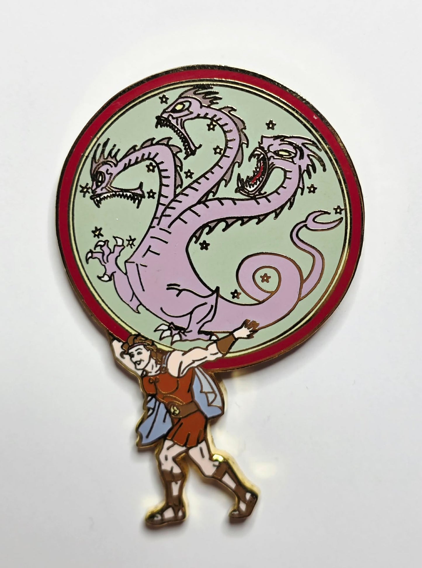 Hercules lifting a lavender-colored, three-headed Hydra dragon
