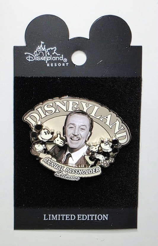 Disneyland Annual Passholder Exclusive pin featuring Walt Disney with Mickey and Minnie Mouse.