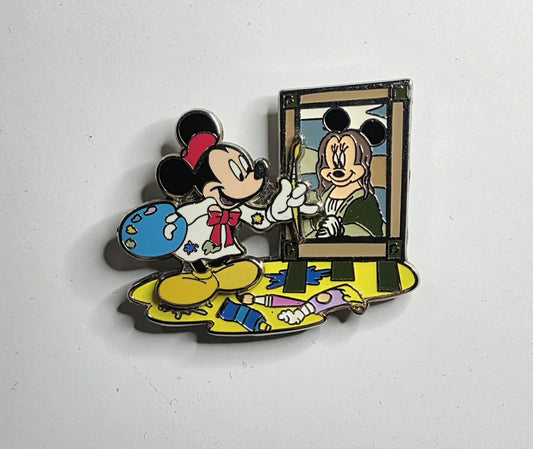 Mickey Mouse painting a portrait of Minnie Mouse as the Mona Lisa