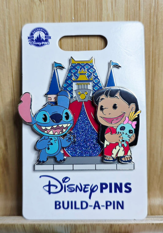 Lilo & Stitch Build-a-Pin set featuring Lilo, Stitch, and a castle base.