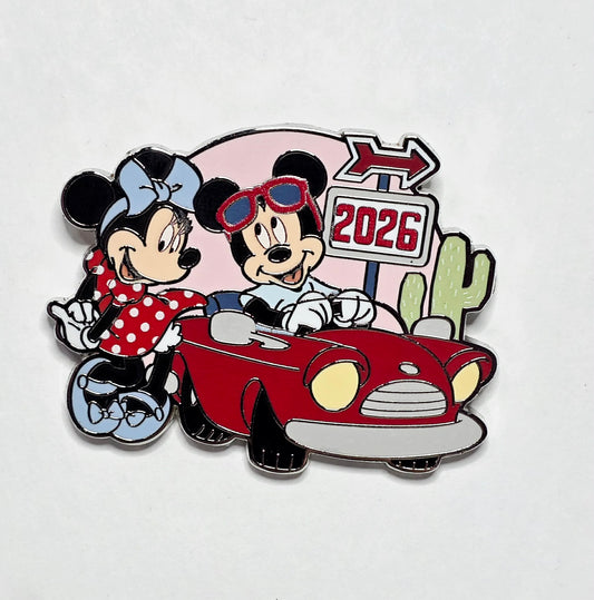 Mickey Mouse and Minnie Mouse in a red convertible car - 2026