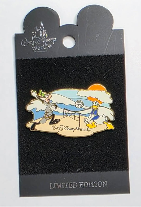 Goofy and Donald Duck playing beach volleyball.