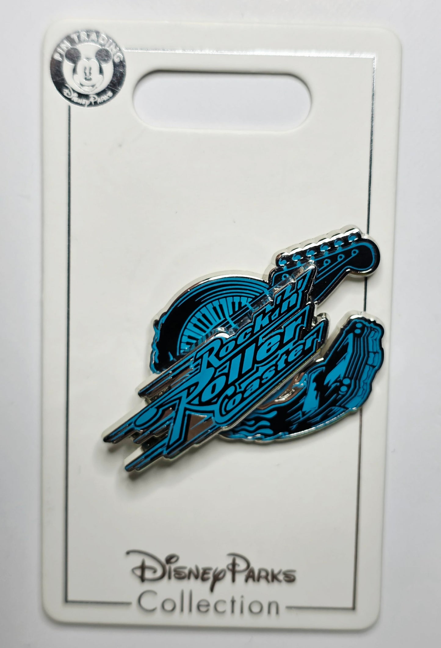 Disney Parks Rock 'n' Roller Coaster pin featuring the attraction's logo, car, and a guitar head.